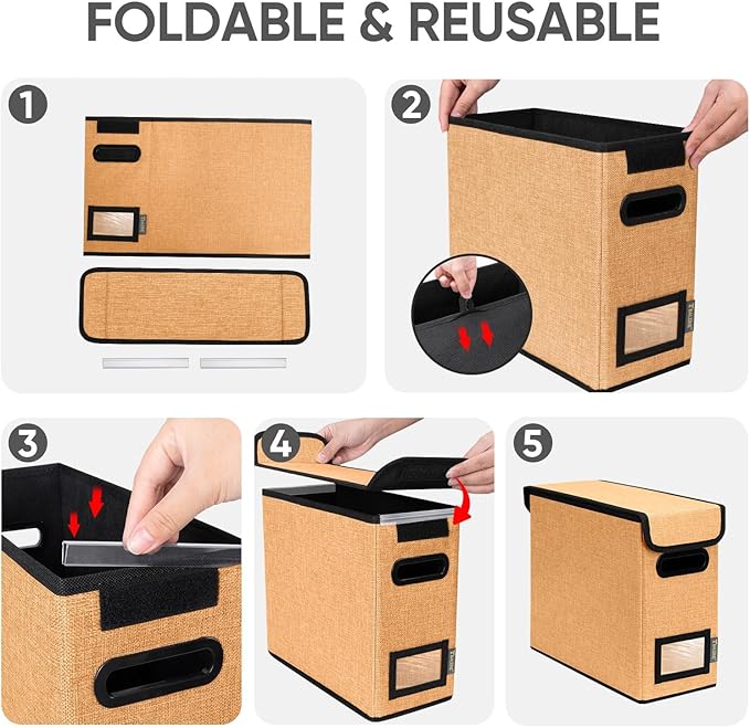 BALEINE File Organizer Box with Lid, Collapsible File Folder Organizer with Plastic Slide, Hanging File Folder Box for Office Document Storage (2 Pack, Orange, S) - Image 8