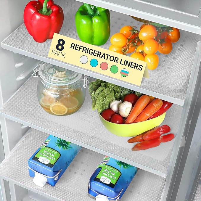 Refrigerator Liners for Shelves (8 Pack) by Linda’s Essentials - Non-Adhesive Drawer and Shelf Liner, BPA-Free Fridge Mats for Kitchen & Cabinets, Easy to Clean, Ideal Household Essentials (Clear) by LindasEssentials