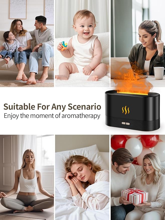 Flame Essential Oil Diffuser, 180ml Aromatherapy Diffuser with 7-Color LED Lights, Auto Shut-Off, Ultrasonic Cool Mist Humidifier for Home, Bedroom, Office, Gift (Black) - Image 2