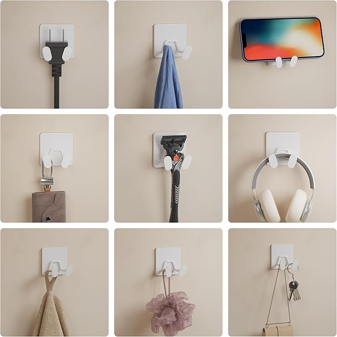 Adhesive Shower Hooks for Inside - Extra Sticky Stainless, Razor Holder Shower Accessories, Wall Mounted Self-Adhesive Double Hooks for Razor, Loofah, Towel, Shaver, Coat, Key, White, 4 Pack - Image 3