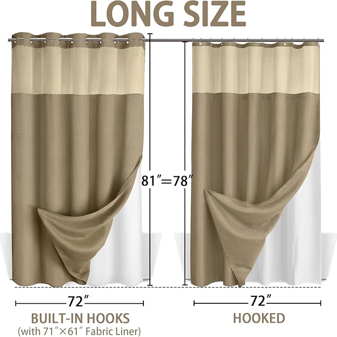 No Hook Shower Curtain and Liner Set,Beige Hotel Waffle Shower Curtain with Liner 81" L x 72" W - Image 6