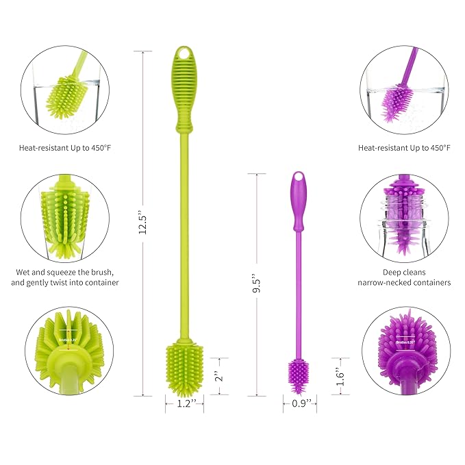 A-Brush Silicone Bottle Cleaner Brush, 2 Piece Set, Flexible, Long Handle - Water Bottle Cleaner, Baby Bottle Nipple Brush for Plastic & Glass, BPA-Free Dish Washing Brush A2S Protection - Image 2