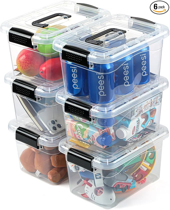 Plastic Storage Bins with Lids 6 Packs, 7 Quart Storage Organizer Bins with Buckle-Up Latches and Handle, Stackable Storage Containers for Home Pantry Office Classroom Organization, Clear by EasyCozyHomey