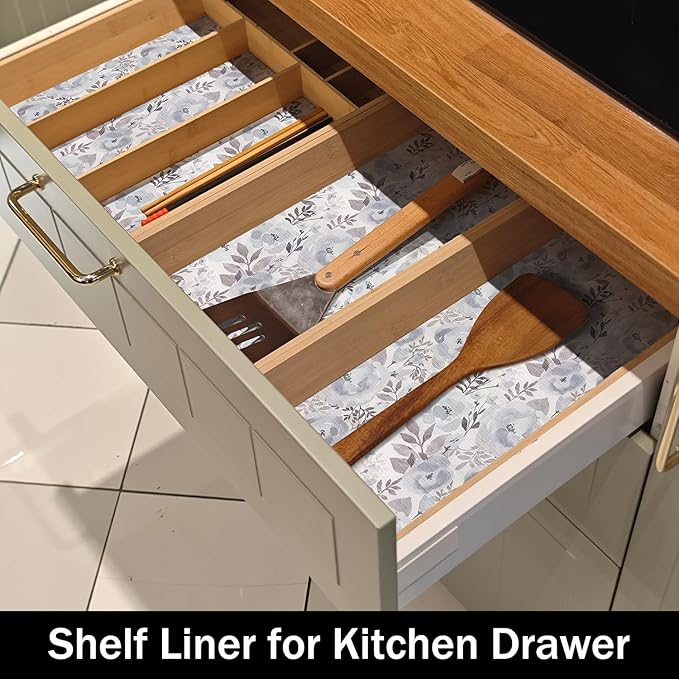 Blue Floral Shelf and Drawer Liner for Kitchen,12IN x 20FT Non-Adhesive and Strong Non-Slip Peony Cabinet Drawer Liners for Kitchen Shelf, Waterproof Cupboard Liners,Easy to Clean - Image 4