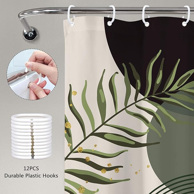 Dark Green Boho Shower Curtain 60Wx72H Black Green Modern Bohemian Mid Century Abstract Gold Leaves Plant Bathroom Decor Minimalist Geometric Neutral Bath Curtain Fabric Polyester 12 Pack Hooks - Image 6