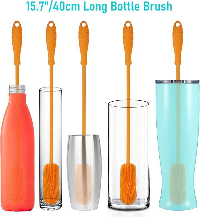 15.7" Silicone Bottle Brush, ddLUCK Water Bottle Cleaner Brush for Stanley, Hydroflasks, Glass, Thermos Sports Bottle, Vase and Glassware, Bottle Brush Cleaner for Narrow Neck Containers (Orange) - Image 8