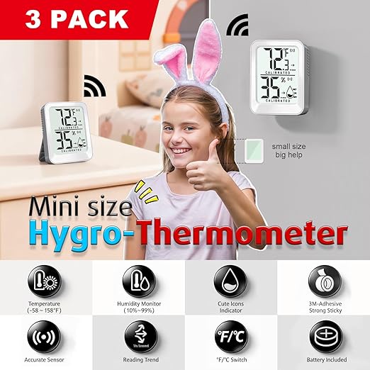 3 Pack Room Thermometer Indoor Hygrometer for Home, Digital Sensor Mini Humidity Gauge Meter, Temperature Humidity Monitor for Bedroom, Pet, Plant - Battery Included - Image 2