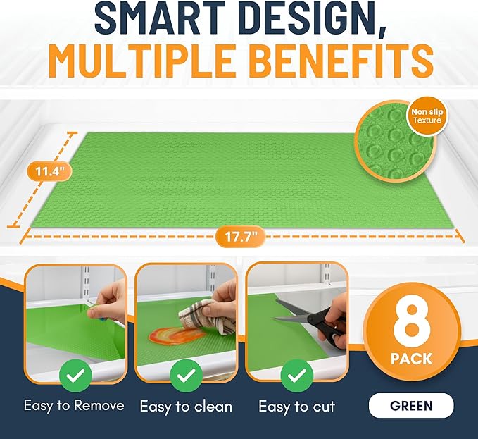 Refrigerator Liners for Shelves (8 Pack) by Linda’s Essentials - Non-Adhesive Shelf or Drawer Liner, BPA-Free Fridge Mats for Kitchen & Cabinets, Easy to Clean, Ideal Household Essentials (Green) - Image 2