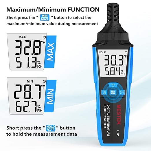 MESTEK Temperature Humidity Meter, High Precision Digital Hygrometer with Ambient, Dew Point, Wet Bulb Temperature for Indoor Outdoor, Thermometer with Min/Max, Data Hold, LCD Backlight, TH11 - Image 5