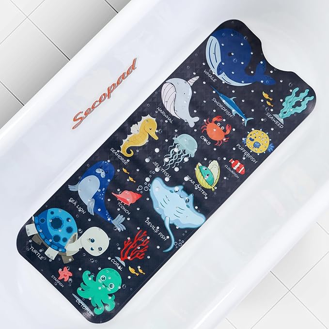 Bath Mat for Tub Non Slip, Machine Washable Anti-Slip Cartoon Baby Bathtub Shower Mat with Drain Holes and Suction Cups for Toddler & Kids, 40 Inch x 16 Inch, Navy Sea Animals by Secopad