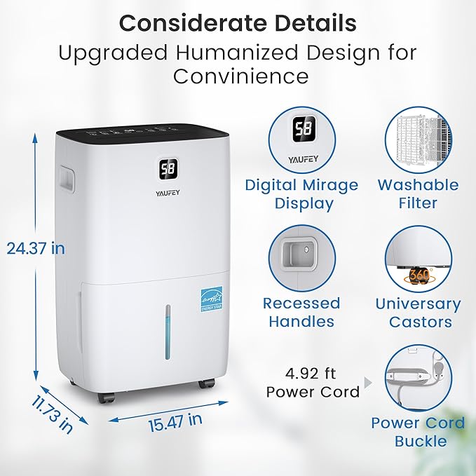 Yaufey 150 Pints Energy Star Dehumidifier for Home, Basement and Large Room up to 7000 Sq. Ft., with Drain Hose, Timer, Intelligent Humidity Control and Large Water Tank - Image 7