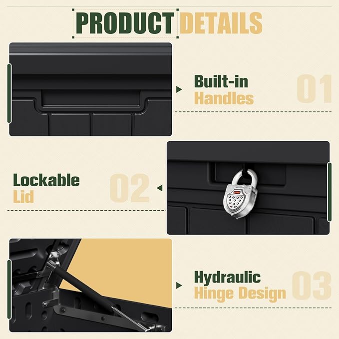 JUMMICO 270 Gallon Outdoor Storage Deck Box with Divider, Double Wall Storage Box with Lockable Lid for Garden Tools, Pools Supplies (Black) - Image 2