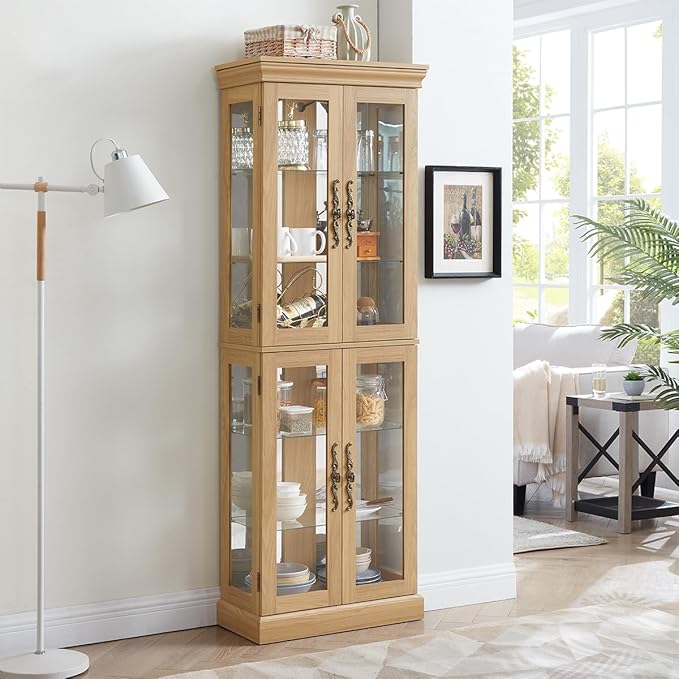 Lighted Glass Curio Cabinet with Lights & Adjustable Shelves,Corner Curio Display Cabinet with Wood Frame (Free Standing,Light Bulb Include) by Unknown