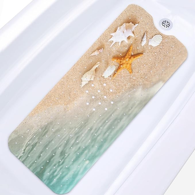 Starfish Summer Beach Bath Mat Non Slip, Sea Shell Ocean Fish 40 X 16 Inch Extra Long Bathtub Shower Mat for Tub Anti Slip with Suction Cups and Drain Holes for Kids Adults Elderly by Britown