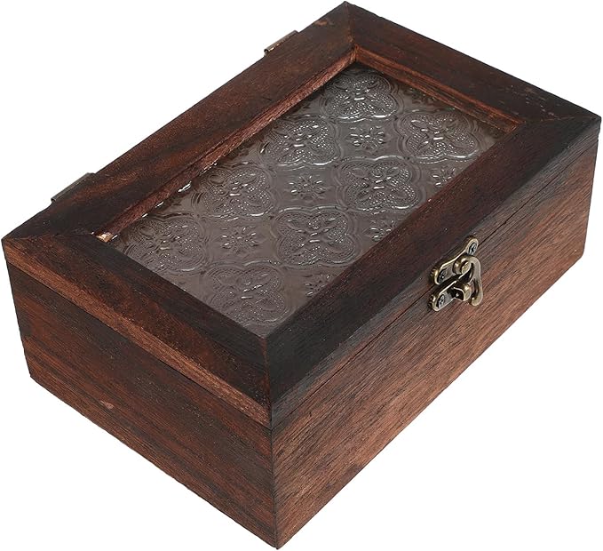 GALPADA Wooden Jewelry Box with Glass Lid, Natural Wood Trinket Case Small Size, Dustproof Retro Keepsake Organizer for Home Storage and Display by GALPADA