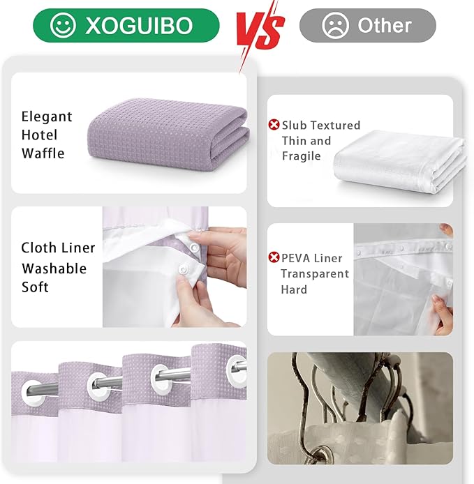 No Hook Shower Curtain and Liner Set,Lavender Hotel Waffle Shower Curtain with Liner 75" L x 72" W - Image 5