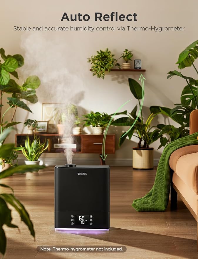 GoveeLife Smart Humidifiers for Bedroom Large Room, Top-Fill Cool Mist 6L WiFi Air Humidifier, Auto Mode, App & Voice Control, 60H Runtime, Rapid Humidification, RGB Nightlight Baby Plants, Black - Image 3