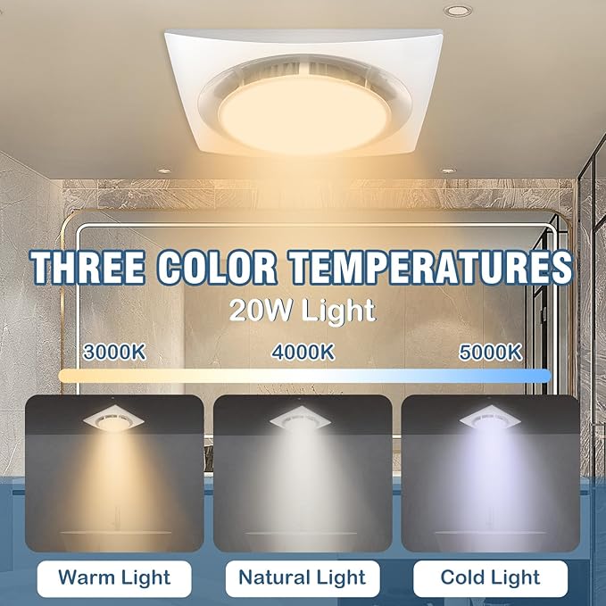 Bathroom Exhaust Fan with Light, 110 CFM, 1.0 Sones, 12.16” Ceiling Vent Fan with 20W LED Light, 3 Adjustable Color Temperatures, Ideal for Bathrooms and Toilets - Image 3