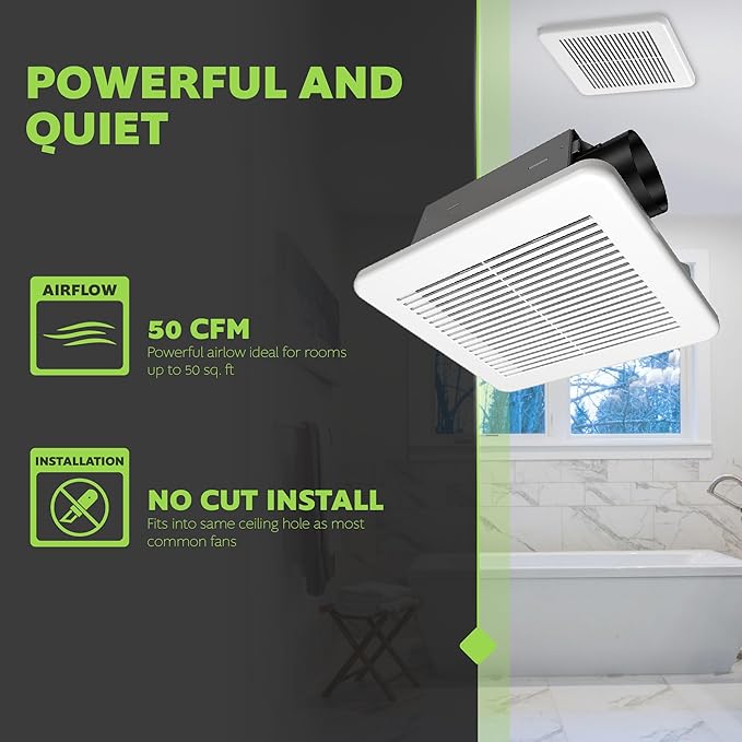 Homewerks 7114-02-HW DC Bathroom Fan 50-CFM 1.0 Sone White Ventilation Fan, Energy Star-Qualified with 3-inch Duct for 2x4 Construction - Image 3