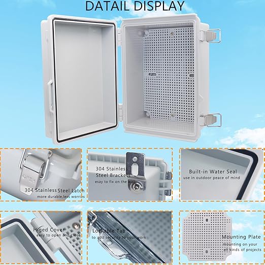 IP67Junction Box, ABS Plastic Outdoor Waterproof Box Electrical Enclosure with Stainless Steel Latch, Hinged Cover Electric Box with Mounting Plate 8.3"x6.3"x3.9" - Image 3