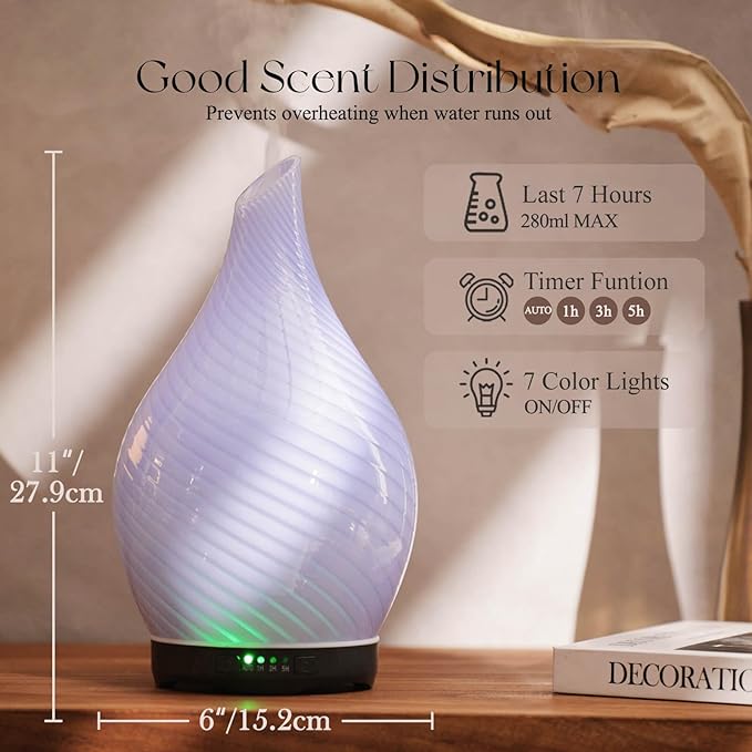 Porseme 280ml Essential Oil Diffuser Glass Color Changing Aroma Air Diffusers Aromatherapy Ultrasonic Cool Mist Humidifier 7 Running Hours Waterless Auto-Off for Sleeping, Yoga, Spa (Pure Purple) - Image 3