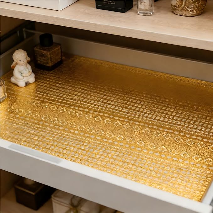 Shelf and Drawer Liner for Kitchen Cabinet,Non-Adhesive Waterproof Oil-Proof Easy Clean Shelf Liner for Dresser & Bathroom Vanities with Adhesive Dots & Cutting Tool(17 in X 30 Ft Gold Lace) - Image 6