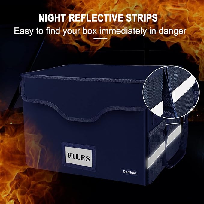 DocSafe Fireproof Document Box with Lock, File Storage Organizer with Mesh Pockets, Collapsible Portable File Box Home Office Safe Filing Cabinet with Handle for Hanging Letter/Legal Folder, Blue - Image 8
