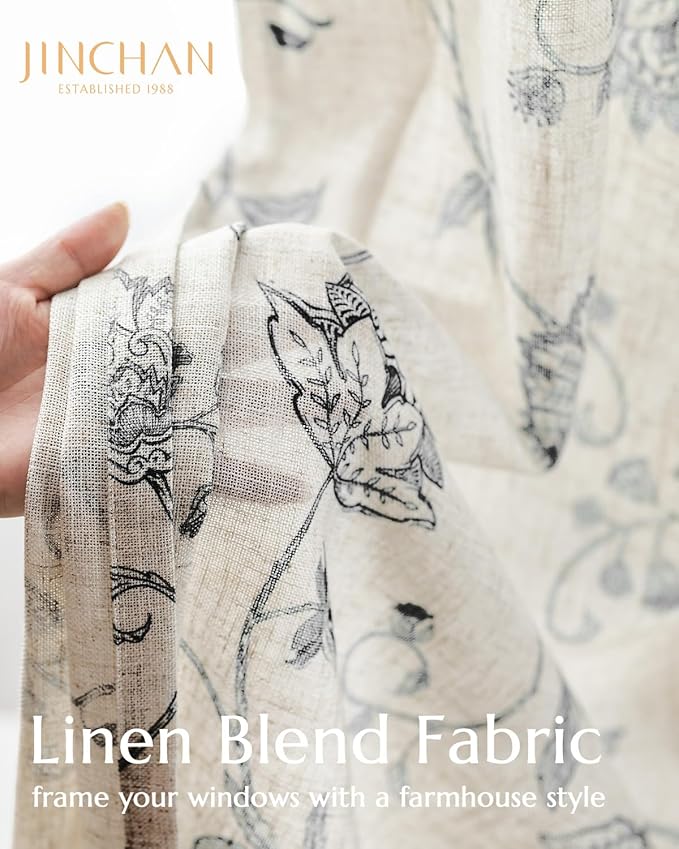 Jinchan Linen Floral Curtains 63 Inch Length for Living Room & Bedroom - Light Filtering Rod Pocket Back Tab Jacobean Curtains Flax Linen Texture Window Drapes Set 2 Panels Black on Linen - Image 3