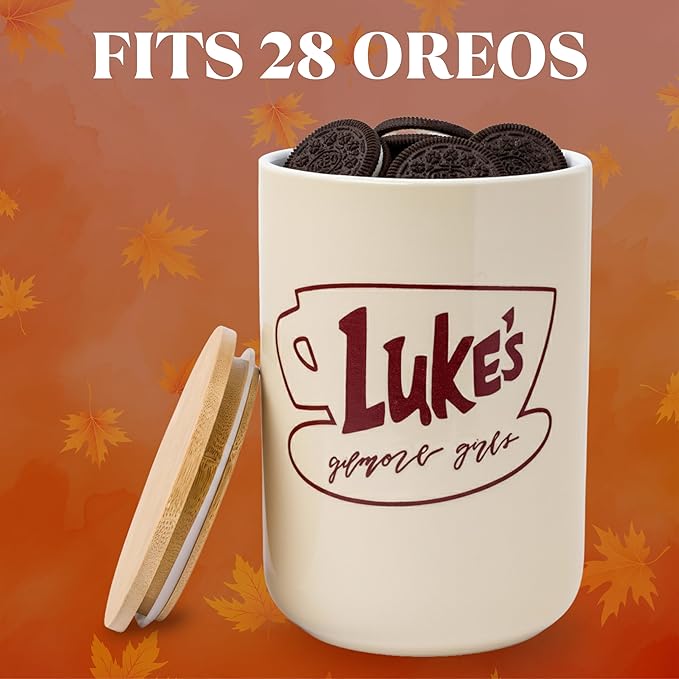 Silver Buffalo Gilmore Girls Wax Resist Ceramic Cookie Jar with Bamboo Lid Featuring Luke’s Cafe Logo, 5” x 5” x 6.5” - Image 3