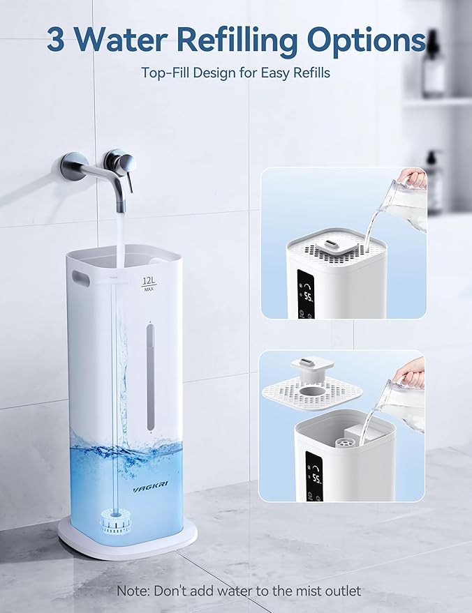 VAGKRI 12L Large Room Humidifier, 120H Long Lasting Cool Mist, 3 Mist Levels, Auto Humidity Adjustment, Top Fill Design with Essential Oil Tray for Bedroom, Home, Plants, Baby - Image 5
