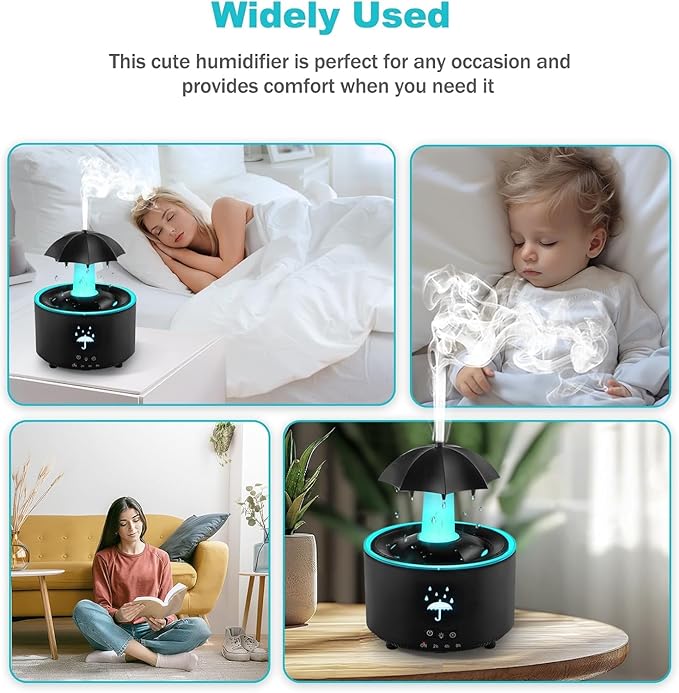 Humidifier for Bedroom, Rotating Umbrella Diffuser with Rain Drop Effect 7-Color LED, 300ML Small Humidifiers Aroma Diffuser with Remote & Timer, Funny Rain Humidifier Gift for Kid Teen Women (Black) - Image 6