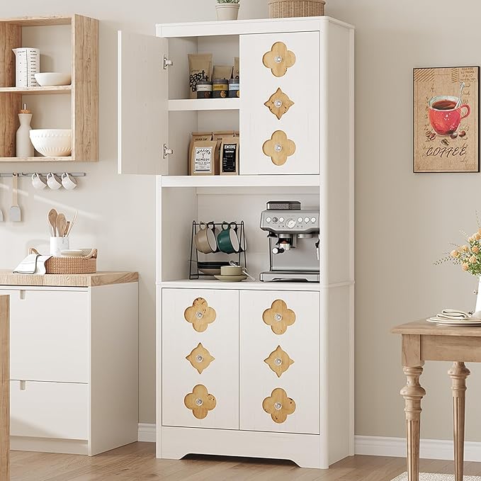 Garvee 72" Tall Pantry Cabinet, Kitchen Hutch Storage Cabinet with Countertop for Microwave, Freestanding Wooden Cupboard with Carved Door & Crystal Handle, for Dining Room, Living Room, Antique White by Garvee