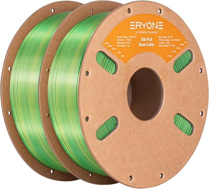 ERYONE Silk Dual Color PLA Filament 3D Printer 1.75mm +/- 0.03mm, Bicolor Filament Two Tone PLA Bundle 2KG Cardboard Spool, Yellow Green by ERYONE