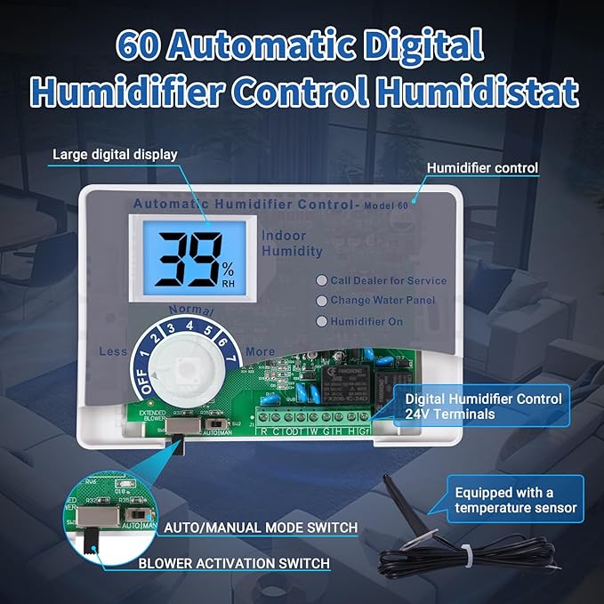 60 Humidifier Control Humidistat with Outdoor Temperature Sensor compatible with AprilAire 400 500 600 700 Series Whole Home Dehumidifiers Replacement for AprilAire 60, 24VAC Digital Wall Mount - Image 3