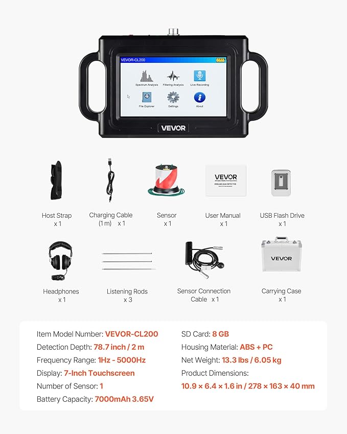 VEVOR Pipe Water Leak Detector, 1Hz-5000Hz, 7" Touchscreen Pipeline Leakage Detection Locator for 6.6FT (2m) Underground Plumbing – with Sensor, 3 Listening Rods, Headphones, 8GB Card & Carry Case - Image 7