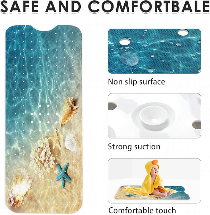 Seashell Summer Beach Bath Mat Non Slip, Starfish Blue 40 X 16 Inch Extra Long Bathtub Shower Mat for Tub Anti Slip with Suction Cups and Drain Holes for Kids Adults Elderly - Image 4