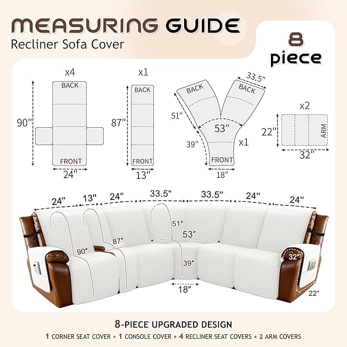 Arfntevss Waterproof Recliner Sectional Couch Covers for Reclining L Shape Sofa Cover Non Slip Washable L Shaped Slipcover Sets for Dog Furniture Protector (5 Seat with 1 Console Cover, Cream White) - Image 5