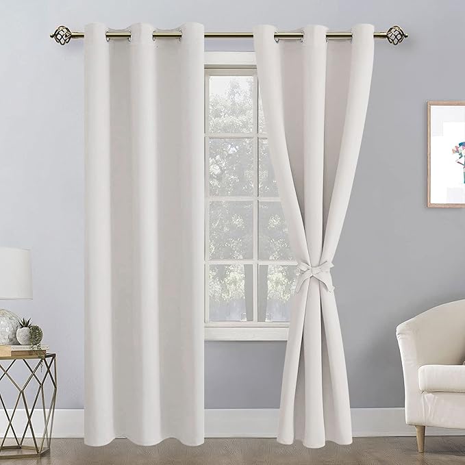 Hiasan Blackout Curtains for Bedroom, 42 x 84 Inches Long - Thermal Insulated & Light Blocking Window Curtains for Living Room/Kids Room, 2 Drape Panels Sewn with Tiebacks, Ivory - Image 2