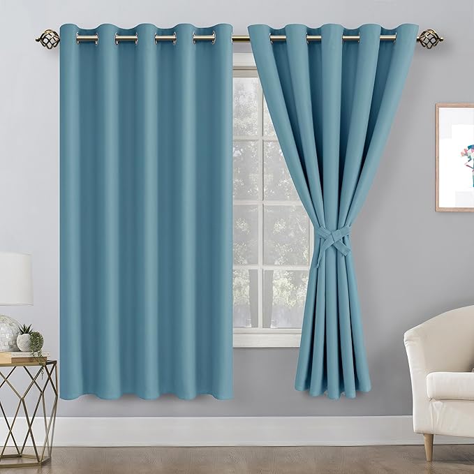 Hiasan Blackout Curtains for Bedroom, 60 x 63 Inches Length - Thermal Insulated & Noise reducing Window Curtains for Living Room, 2 Drape Panels Sewn with Tiebacks, Stone Blue - Image 2