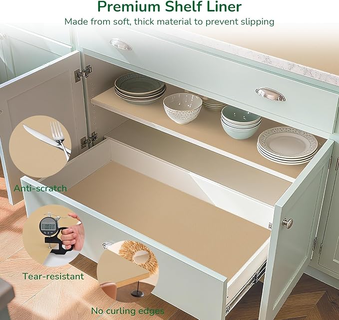 Drawer and Shelf Liner for Kitchen, Non-Slip Non-Adhesive Cabinet Liners for Cupboard, Dresser, Shelves, Tool Box, Pantry, Thickened Easy Install, Strong Grip, 11.8In x 20FT, Beige - Image 6