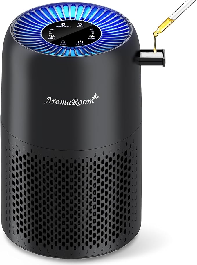 Air Purifiers for Home Bedroom, AromaRoom H13 HEPA Air Purifier Filter for Allergies, Pollen, Smoke, Dusts, Pets Dander, Odor, Hair, 22dB Quiet Air Cleaner for Room, Office, Dorm, AP100-B (Black) by AromaRoom
