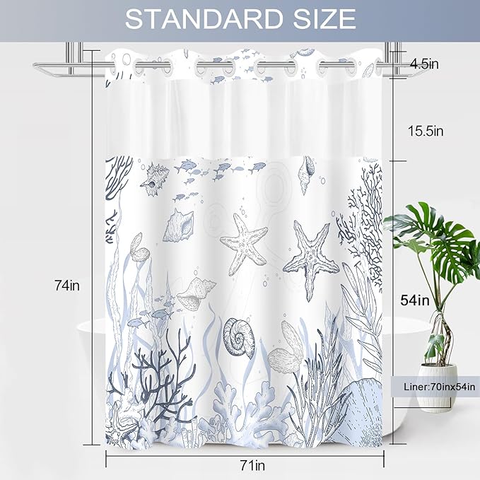 No Hook Shower Curtain with Snap in Liner, Beach Ocean Nautical Coastal Shower Curtains and Liner Set for Bathroom, Seashell Hotel Fabric Bath Curtain, Waterproof Washable, Grey 71" x 74" - Image 6