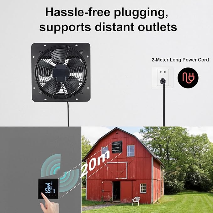 GROWNEER 12 Inch Shutter Exhaust Fan with Temperature Humidity Controller, 1200 CFM Remote Control Vent Fan, 10-Speed Adjustable Wall Mount Attic Fan for Greenhouses Garages Sheds - Image 8