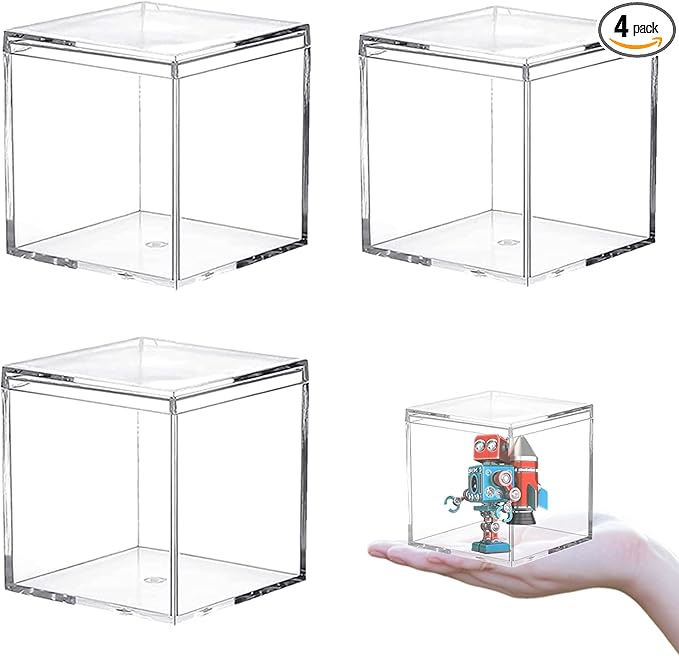 Clear Acrylic Box with Lid, 4 Pack 2.6x2.6x2.6 Inches Clear Decorative Boxes Acrylic Square Cube Storage Container Drawer Organizer for Vanity Jewelry Accessories by LOVPLAY