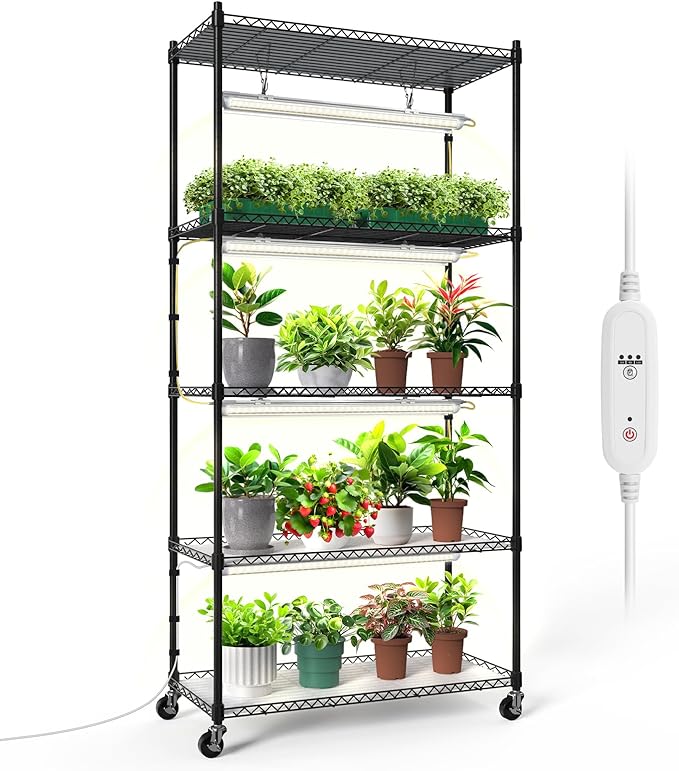 Bstrip Plant Shelf with Grow Light, 5-Tier Plant Stand with T8 24W Grow Light for Indoor Plants with Wheel, Grow Light Shelf with Timer for Indoor Plant, Seedling, Seed Starting, 29.5x13.8x59IN by Bstrip