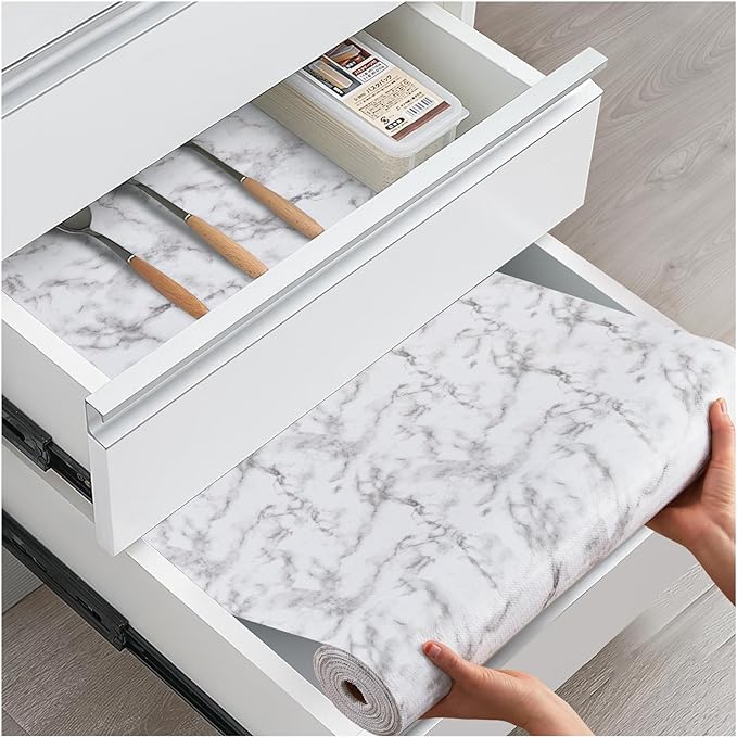 Drawer and Shelf Liner, Non-Slip Kitchen Cabinet Liners Non-Adhesive Thick Strong Grip Waterproof Washable Mats Protect Dresser Shelves Cupboard Bathroom Cabinets, White Marble, 12 in X 20 FT by ALIUNI