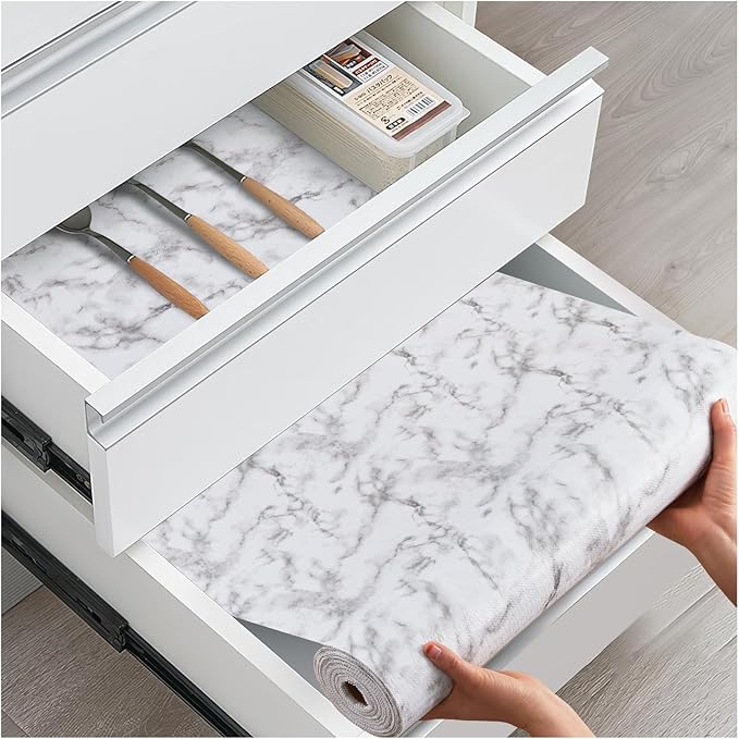 Drawer and Shelf Liner, Non-Slip Kitchen Cabinet Liners Non-Adhesive Thick Strong Grip Waterproof Washable Mats Protect Dresser Shelves Cupboard Bathroom Cabinets, White Marble, 18 in X 10 FT by ALIUNI