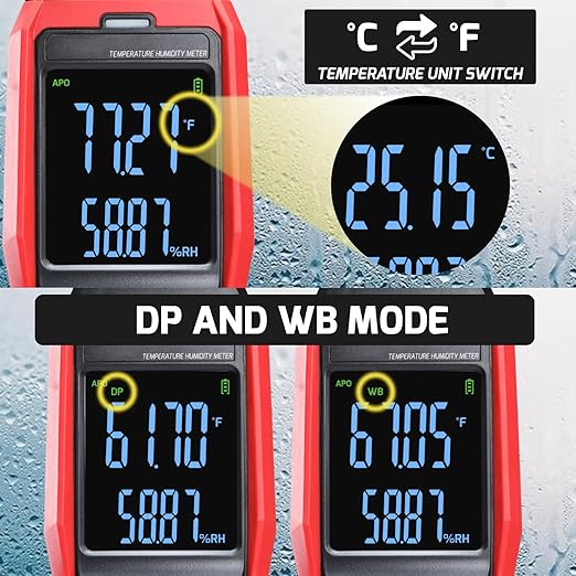Humidity and Temperature Meter Data Logger Digital Psychrometer HVAC, Wet Bulb Thermometer Record 4000pcs Data and Export, Large LCD Humidity Tester Dew Point Meter with Indicator and Buzzer Alarm - Image 4