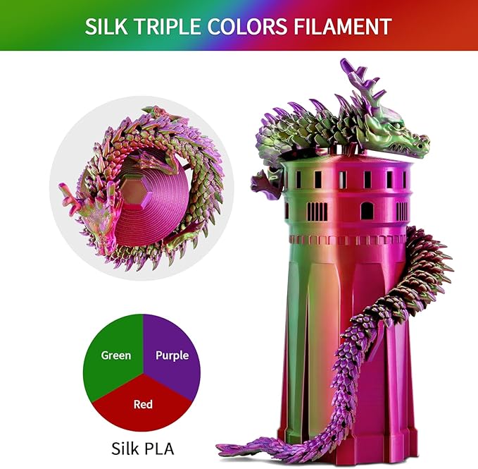 ERYONE Silk Tri Color PLA Filament 3D Printer 1.75mm +/- 0.03mm, Multicolor Filament Tricolor PLA 1KG(2.2lbs) Cardboard Spool, Red Purple Green - Image 4