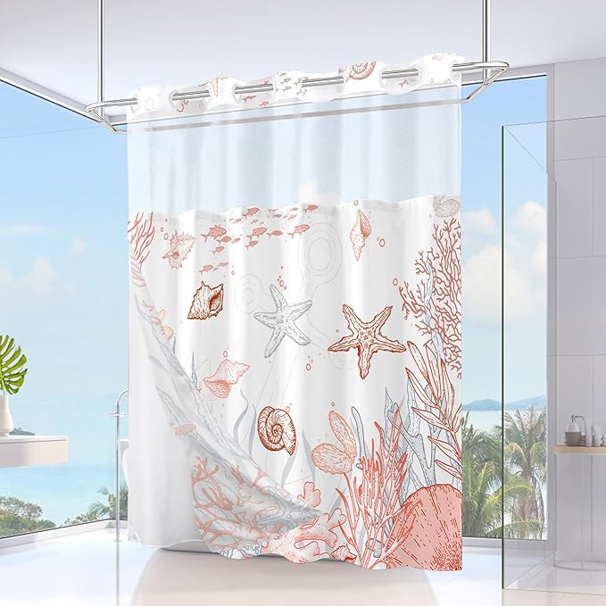 Extra Long No Hook Shower Curtain with Snap in Liner, Beach Ocean Nautical Coastal Shower Curtains and Liner Set for Bathroom, Seashell Fabric Bath Curtain, Waterproof Washable, Coral 71"x84" - Image 2